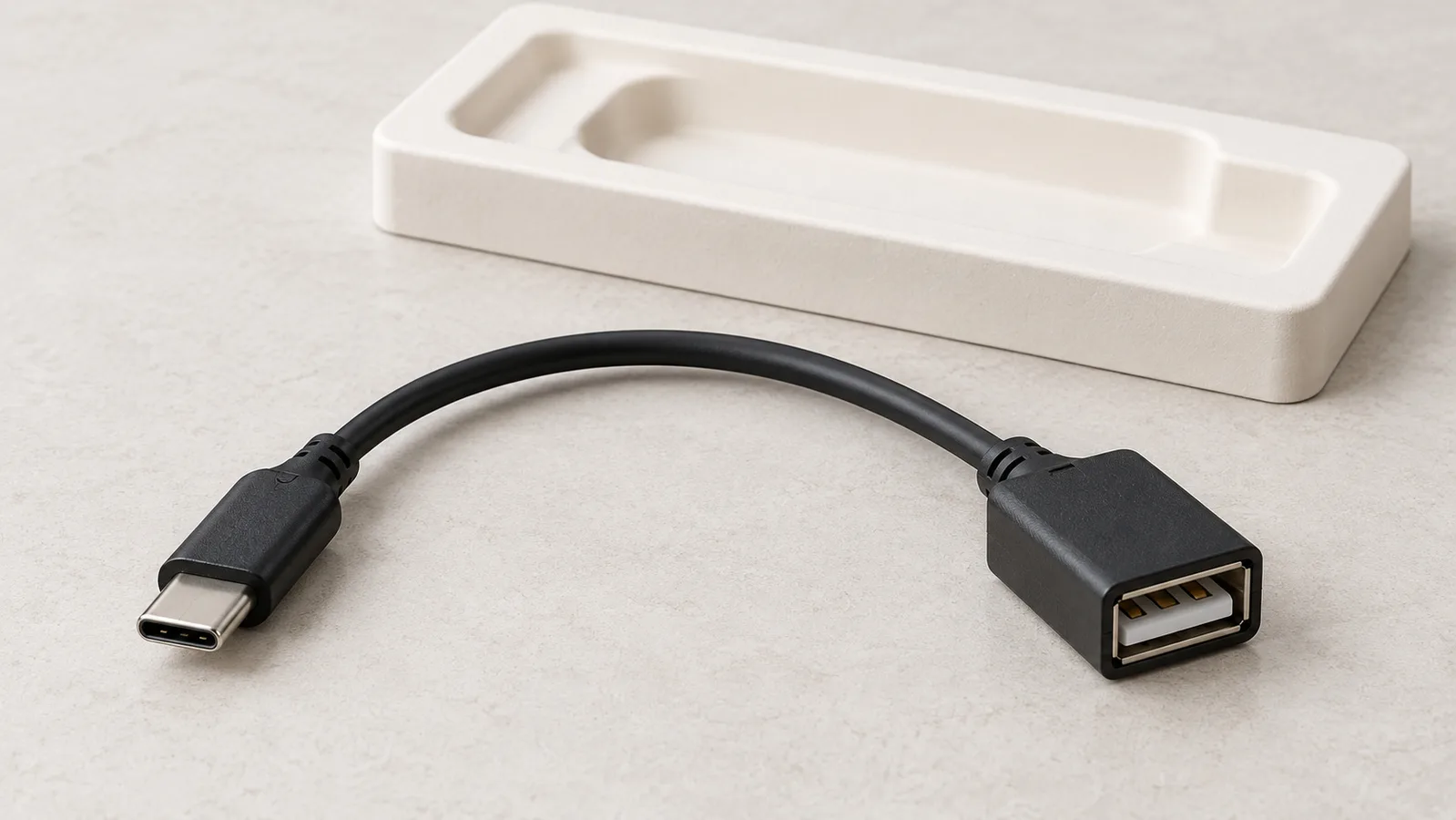 Ένα γενικό καλώδιο προσαρμογέα USB με τα δύο άκρα του συνδέσμου ορατά σε μια ουδέτερη επιφάνεια επιθεώρησης