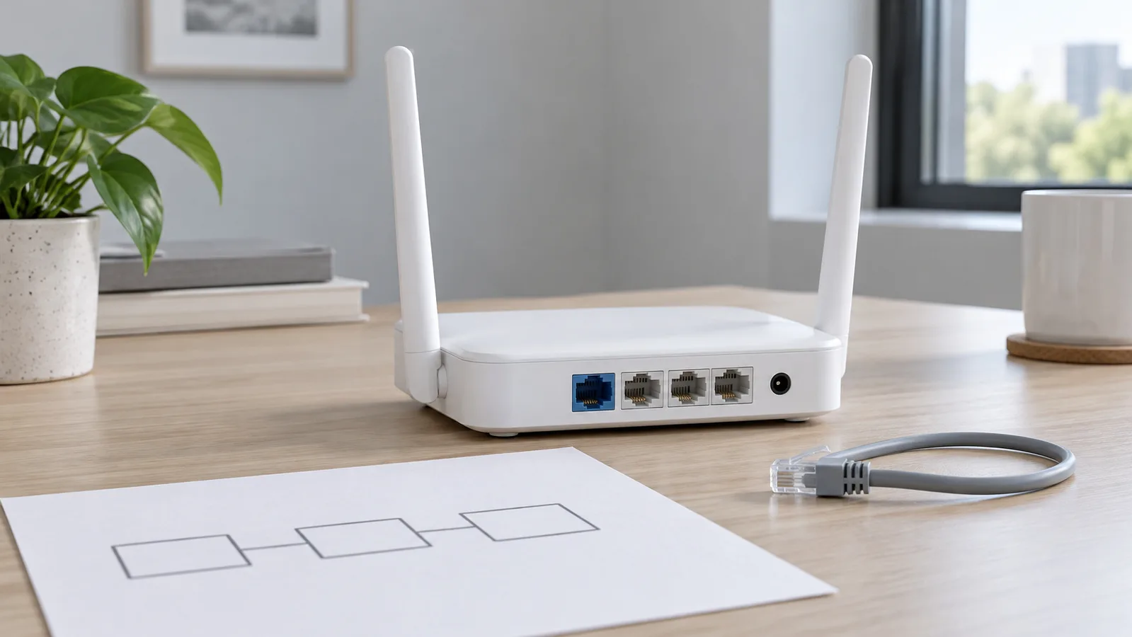 Χωρίς εμπορικό σήμα, λευκός δρομολογητής Wi-Fi επιτραπέζιου υπολογιστή με ορατές πίσω θύρες Ethernet δίπλα σε ένα απλό σκίτσο δικτύου