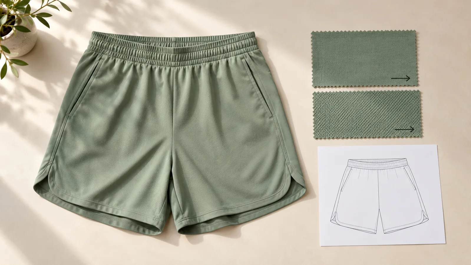 Δείγμα σορτς Activewear δίπλα σε υφασμάτινα δείγματα με σήμανση κατεύθυνσης και ένα σκίτσο πάνελ