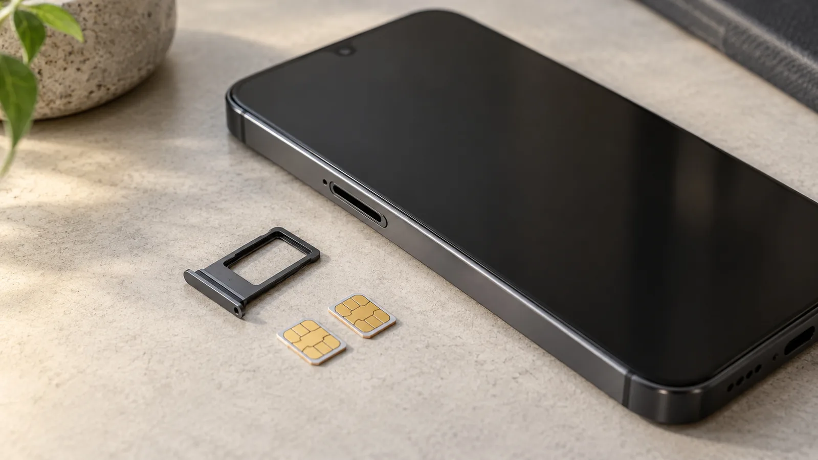 Smartphone χωρίς επωνυμία δίπλα σε ξεχωριστό δίσκο SIM και δύο κάρτες SIM, που απεικονίζουν την υποστήριξη φυσικής κάρτας